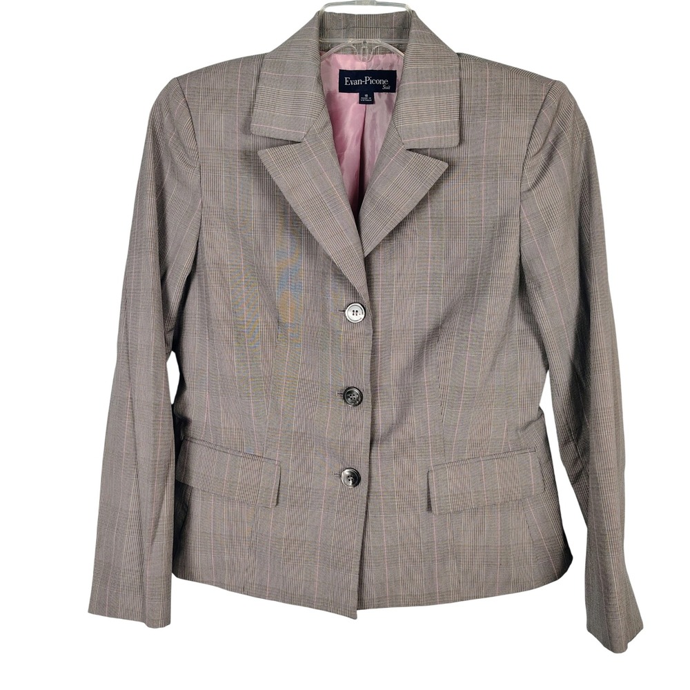 Evan-Picone Suit Womens Grey Pink Glen Plaid 3 Button Blazer Jacket Size 10‎